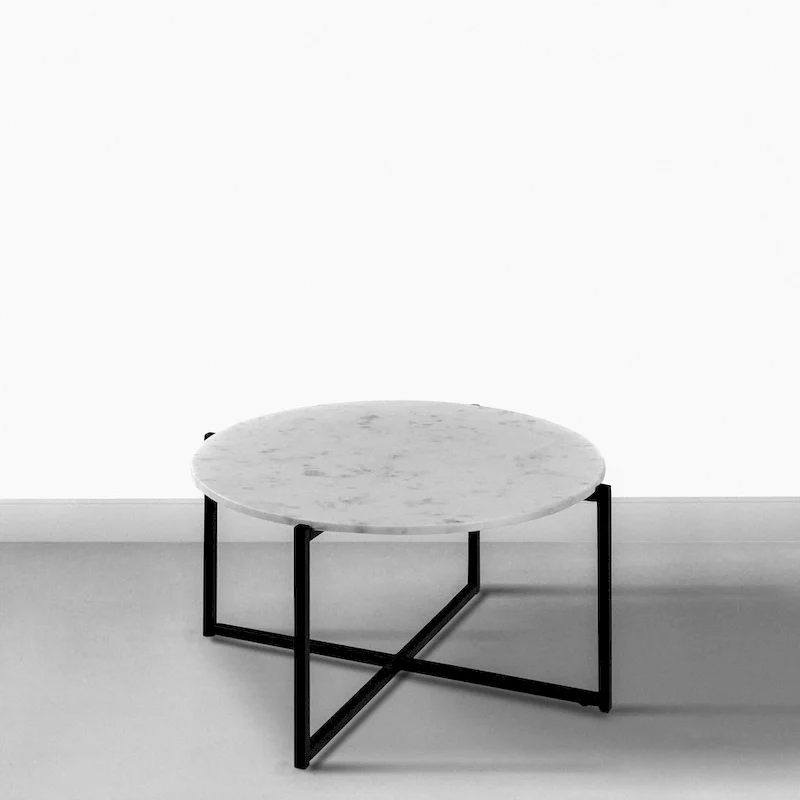 30-inch Marble Top Round Coffee Table with Metal Frame, White and Black