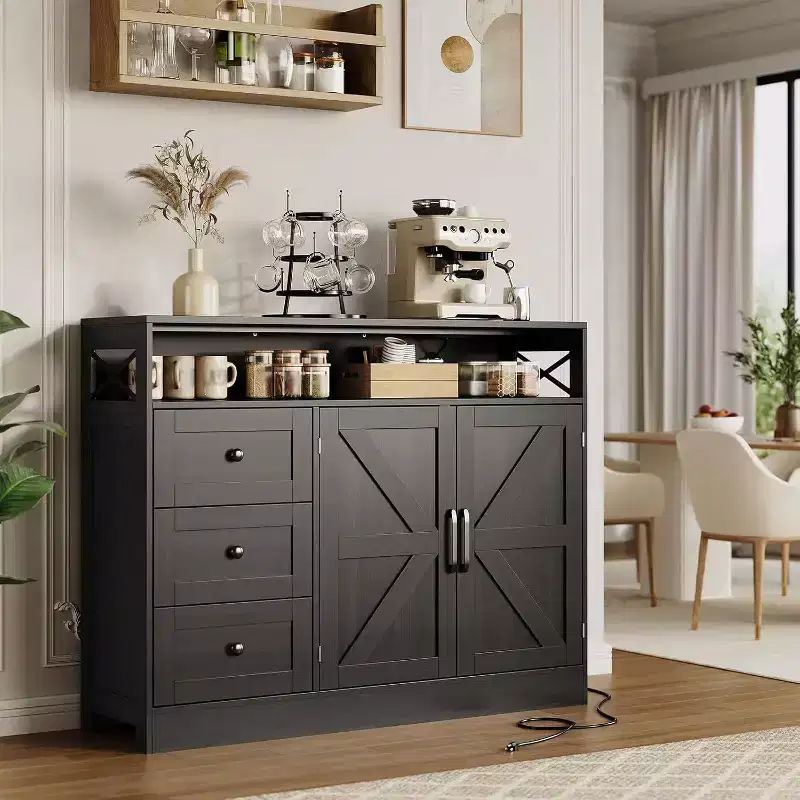 47 Inch Farmhouse Sideboard Buffet Cabinet with Built-in Power Outlet – 3 Drawers & 2 Barn Doors
