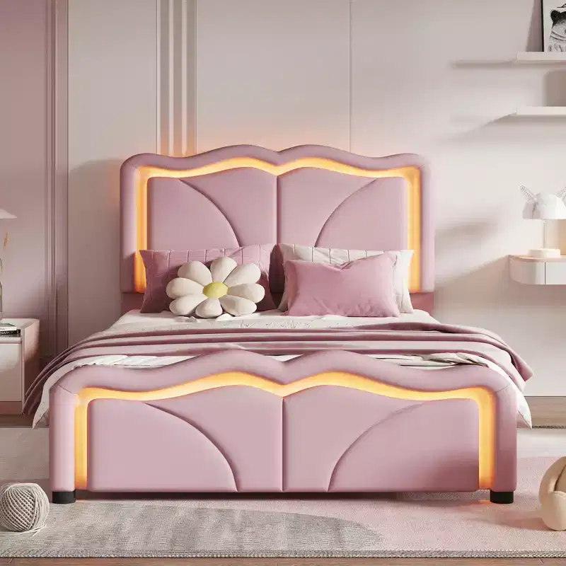 Twin/Full Upholstered Platform Bed with Curve Shaped and Height-adjustbale Headboard, PU Platform Bedframe with LED Light Strip