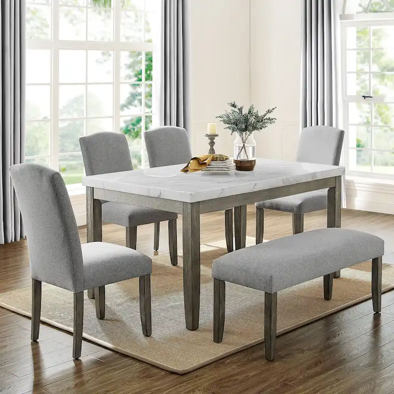 6-Piece Marble Top Dining Set with Bench