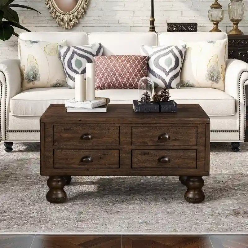 Solid Wood Rectangle Coffee Table with 4 Drawers