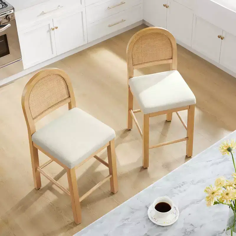 Boho Rattan Counter Stool with Curved Rattan Back and Cushioned Seat