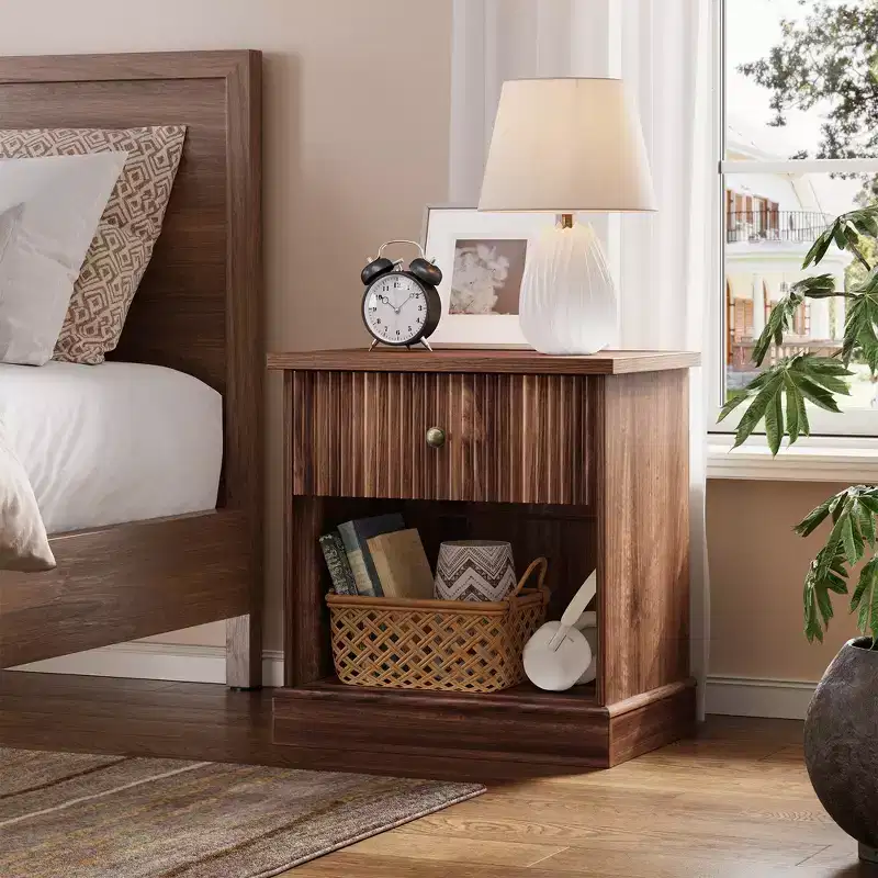 COZONY Fluted Nightstand with Drawer, Modern Bedside Table with Open Shelf, Nightstand with Storage, Space Saving Side Table with Curved Edge Base
