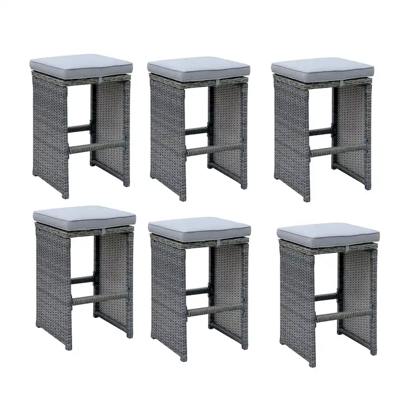 6 Piece Patio Bar Stool In Aluminum Wicker Frame And Padded Fabric Seat, Gray