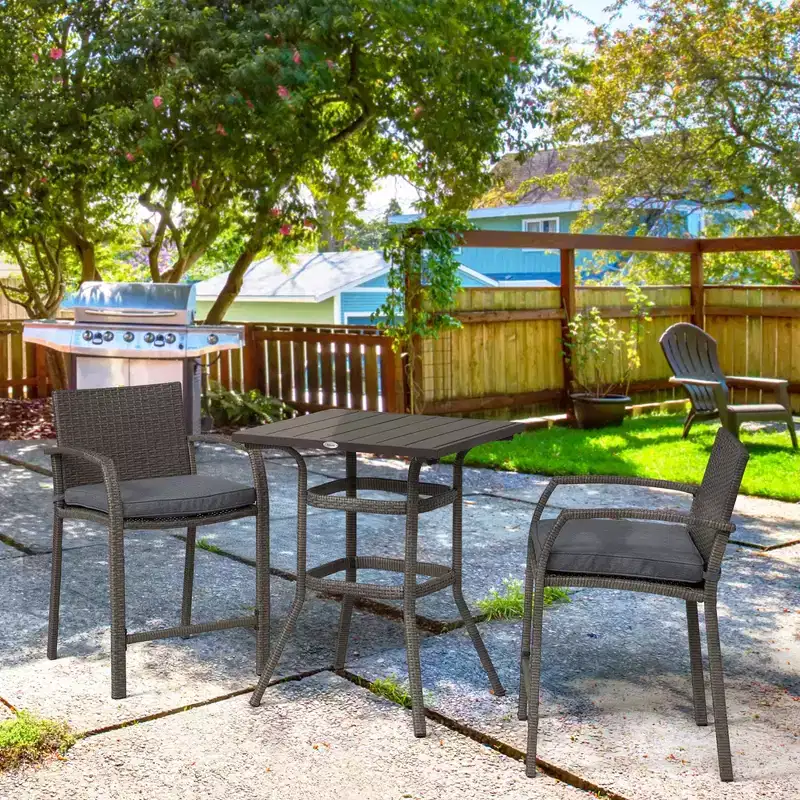 Outsunny 3 PCS Rattan Wicker Bar Set with Wood Grain Top Table and 2 Bar Stools for Outdoor, Patio, Poolside, Garden