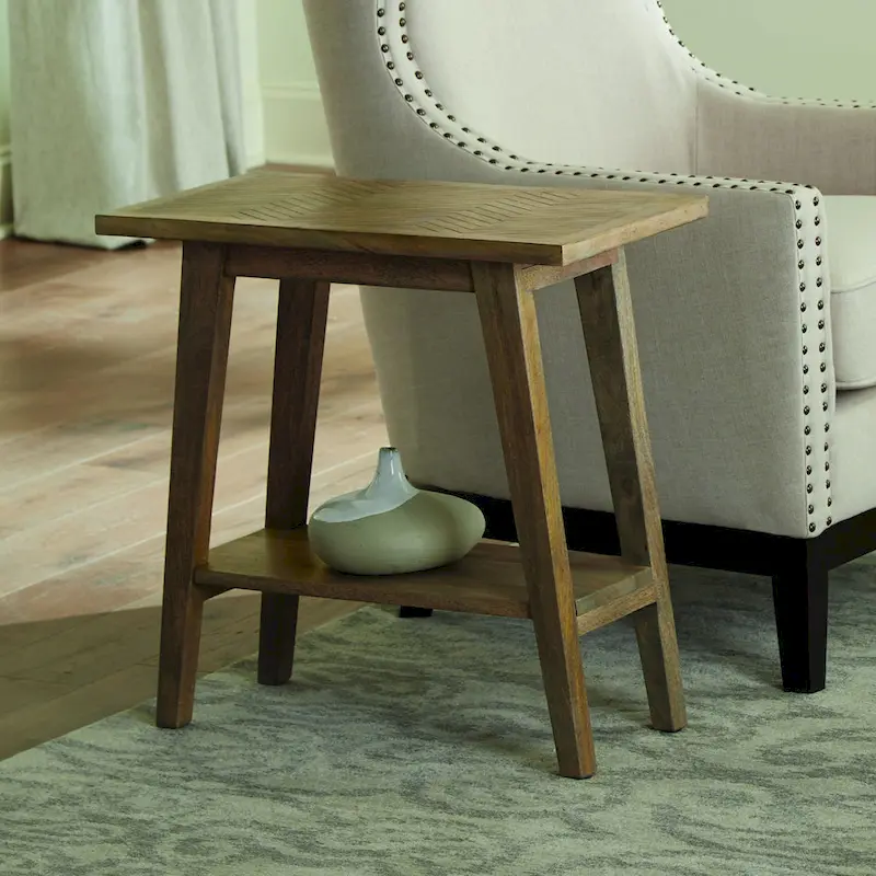 Solid Mango Wood Chairside End Table – Natural, Herringbone Inlay, Mid-Century Style, Single