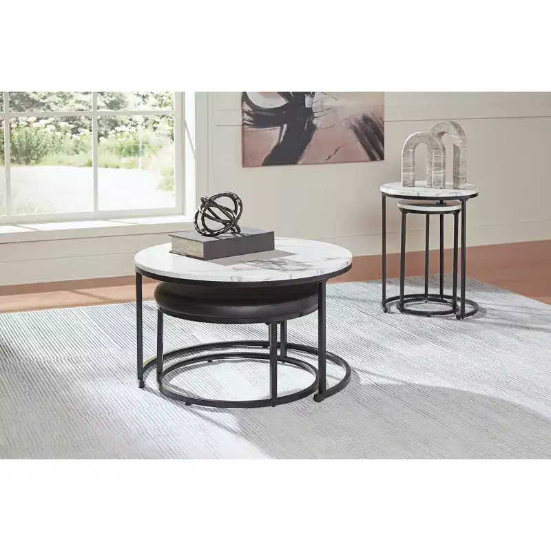 Signature Design by Ashley Jusmour Occasional Nesting Table and Ottoman Set, Faux Marble Top with Black Frame
