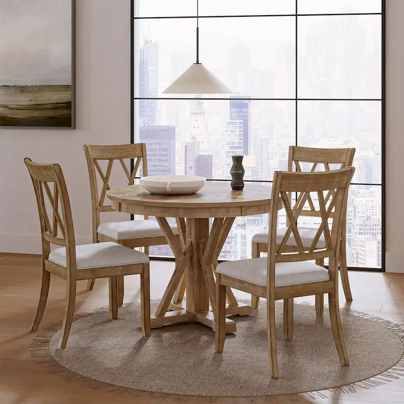 Nuria Farmhouse 5-Piece Round Natural Dining Set with 4 Chairs and Round Table by HULALA HOME
