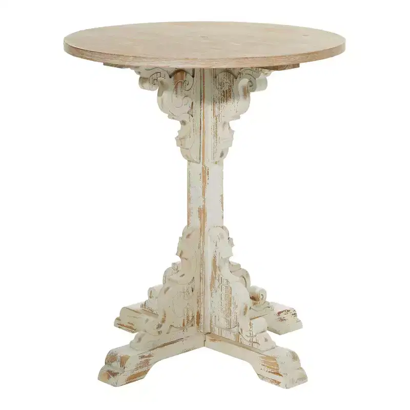 Small Round Antique Wood Accent Table White - Olivia & May: Ornate Farmhouse Style Side Table