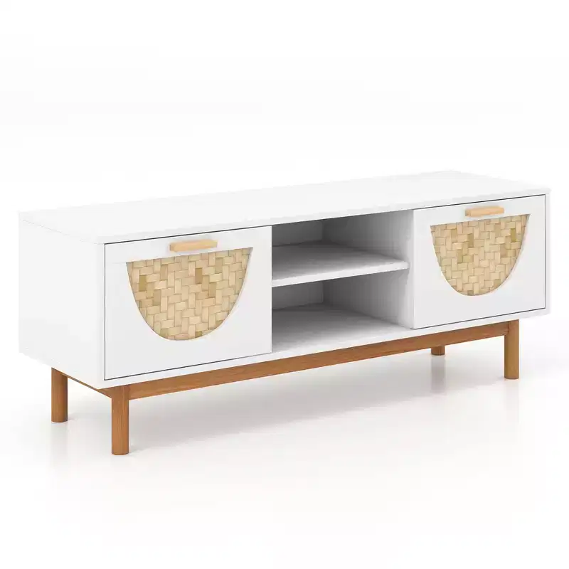 TV Stand for TVs up to 55-Inch with 2 Drawers, Bamboo Woven Fronts & Solid Wood Legs, White