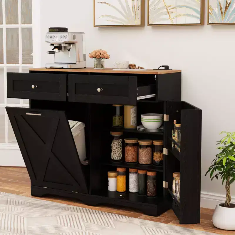 Tilt Out Trash Can Cabinet w/ Outlets 2 Drawers Adjustable Shelf Anti-Tipping Kit