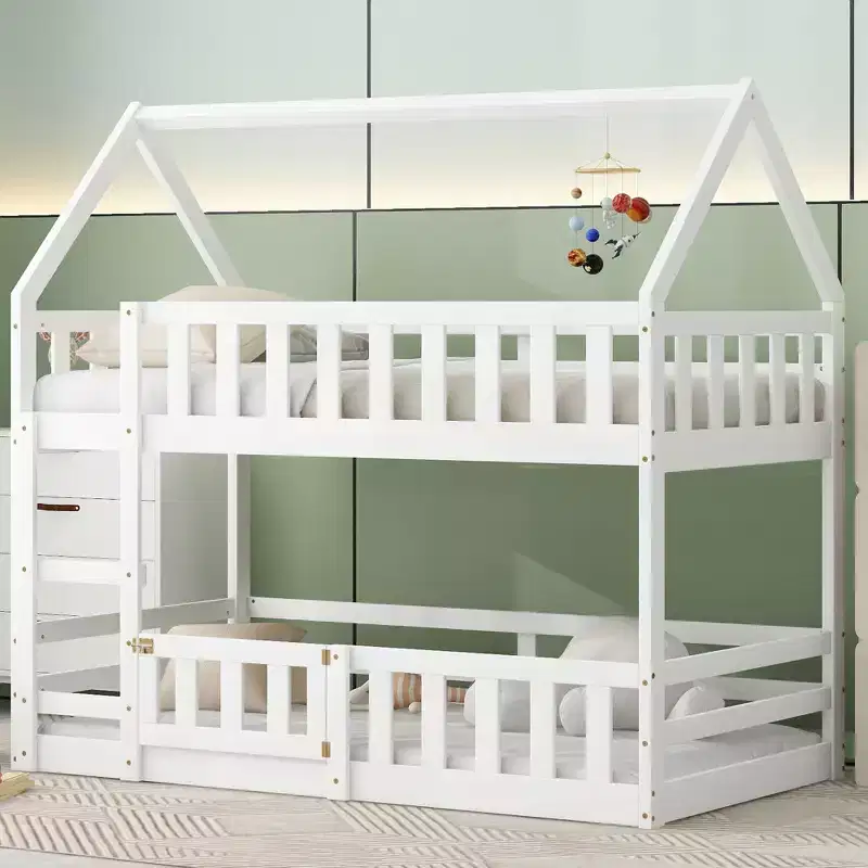 Twin Over Twin House Bunk Bed with Fence and Door, Solid Wood Playhouse Bed with Roof for Bedroom