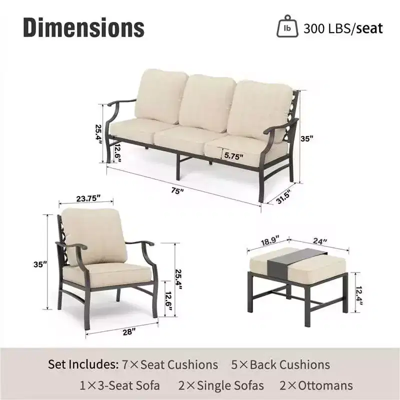 Captiva Designs 5pc Metal Patio Outdoor Conversation Set with Grid-back Armchairs and Ottomans