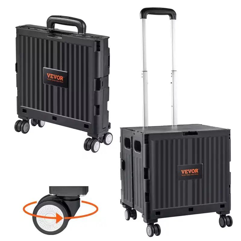 Foldable Utility Cart, 110 lbs Load Capacity, Folding Portable Rolling Crate Handcart with Heavy Duty Telescoping Handle and 4 Rotate Wheels