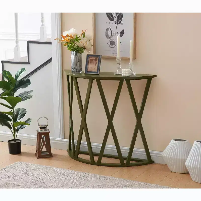 Kings Brand Furniture Vienna Half Moon Wood Console Table for Entryway, Accent Sofa Table X-Motifs Design for Living Room, Hallway, Foyer, Entrance