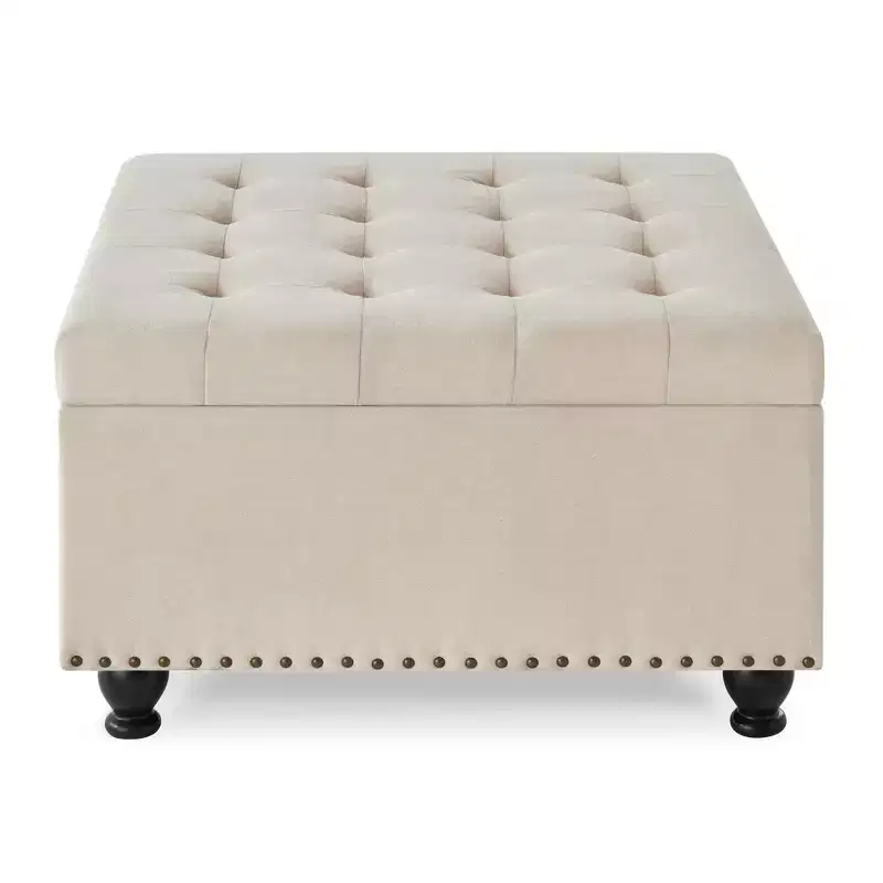 Square Large Storage Ottoman with Wooden Legs, Entryway Bench with Button, Tufted and Nail Trims Decorated, Foot Stool for Home
