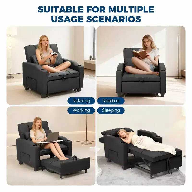 Convertible Reclining Sofa Bed with Vibration Massage Lumbar Pillow, Multi-Function PU Leather Sofa Chair, Chaise Lounge