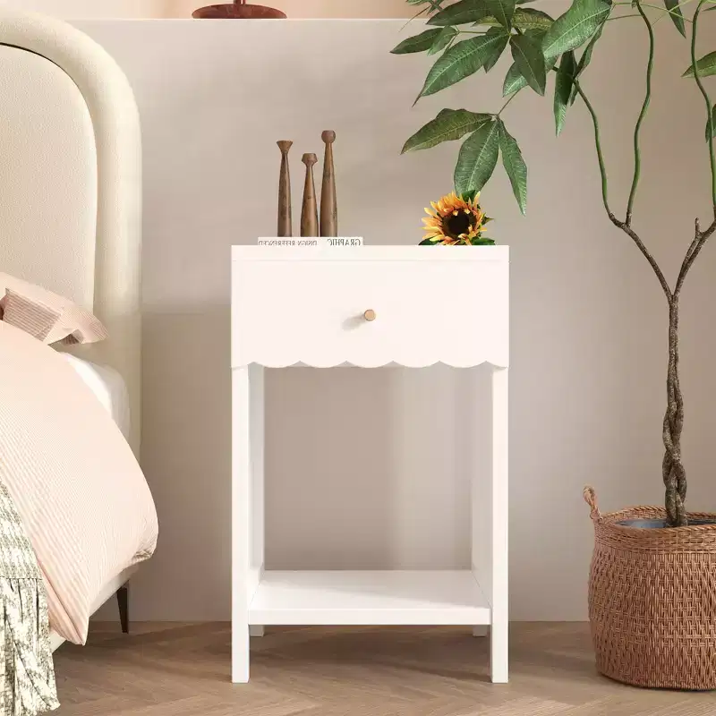 Modern White Nightstand with Drawer and Open Shelf,Scalloped Edge Bedside Table for Bedroom