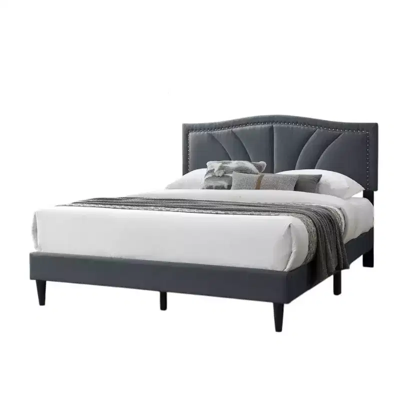 Queen Size Bed with Charcoal Gray Burlap Upholstered Curved Headboard & Nailhead Border