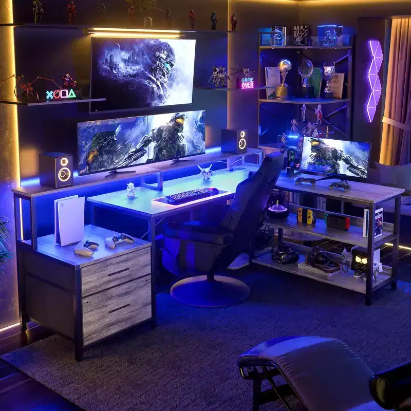 Besiost 66-73 Reversible L-Shaped Desk with Charging Station, Home Office Computer Desk with LED Lights & Drawers
