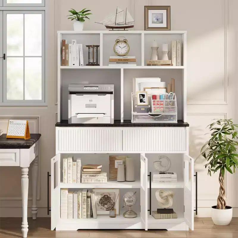 60'' Buffet Cabinet, Modern Farmhouse Kitchen Buffet Sideboard Storage Cabinet with Drawers, Glass Door & Open Shelf, Coffee Bar Station
