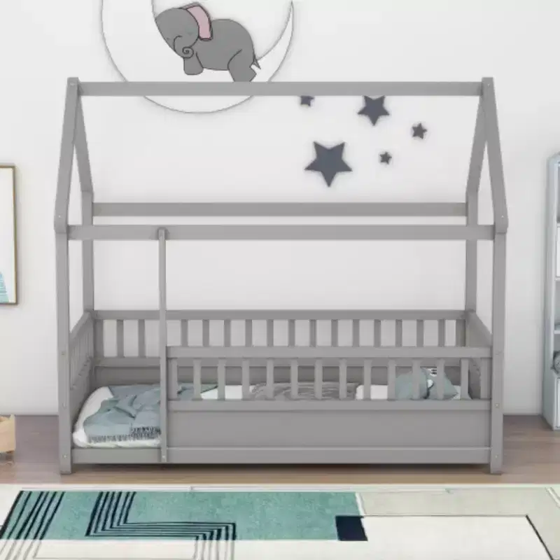 Wooden Single-Occupant Bed with Low-Profile Design, House Roof Frame, and Fence-Style Guardrails