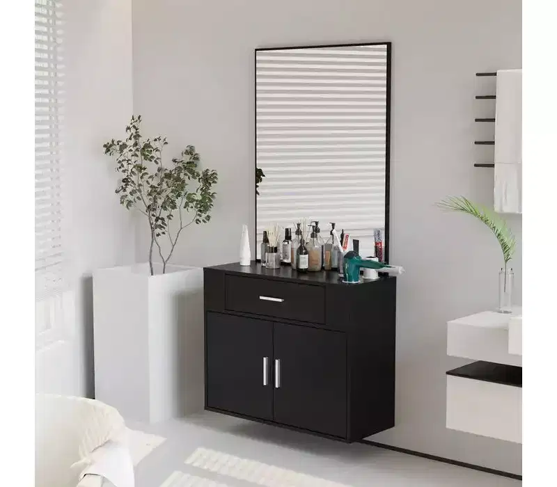 Karl Home Wall Mount Salon Station with Mirror, Hair Styling Barber Station, Black