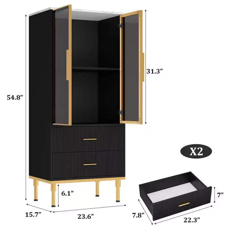 Fluted Glass Door Storage Cabinet - Modern White Display Cabinet with Adjustable Shelves & 2 Drawers