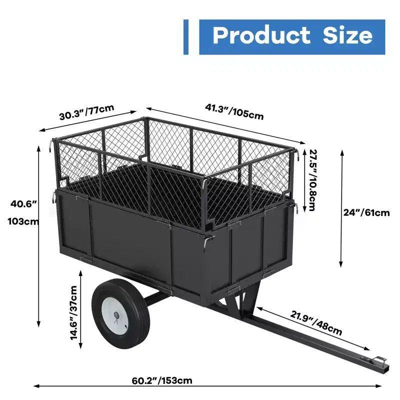 Heavy Duty Steel Utility Trailer, ATV Trailer Dump Cart, 17 Cu.Ft, 750 Lb Capacity with Removable Sides, Tow Behind UTV Garden Trailer