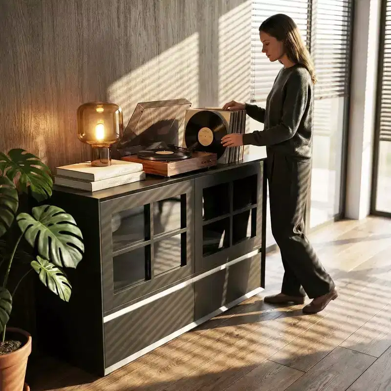 47.04 Modern Sideboard with Shatterproof Acrylic Doors - 2-Drawer Storage Cabinet with Adjustable Shelves - Matte Black Gaoyangjiaju