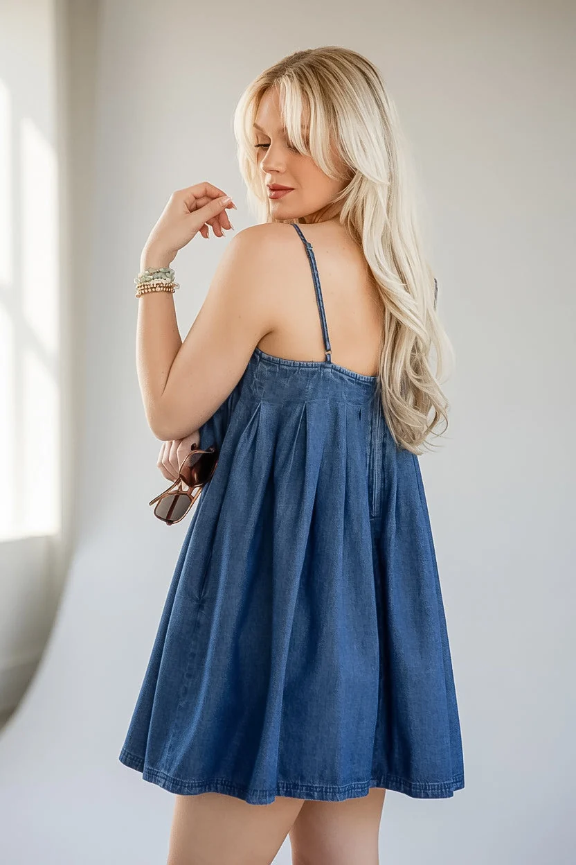 Denim Pleated Square Neck Mini Dress