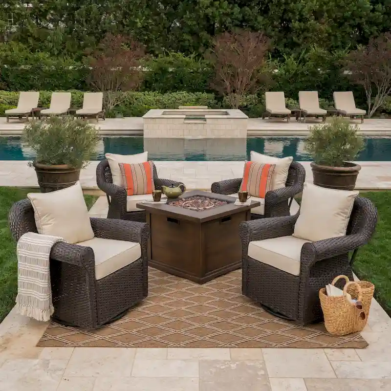 Venti Outdoor 4-piece Wicker Aluminum Swivel Club Chair Set with Square Firepit by Christopher Knight Home