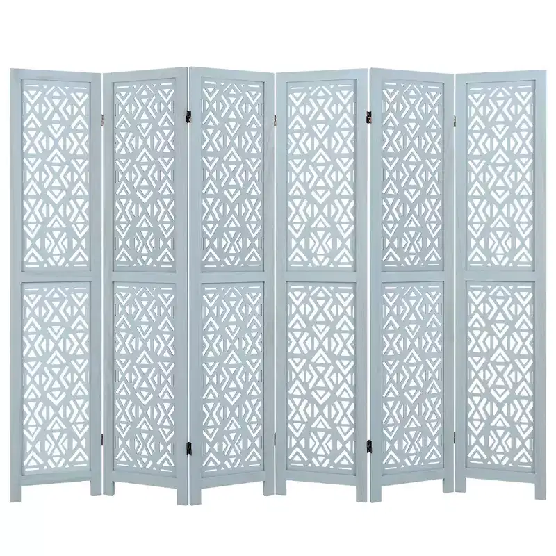 Costway 6-Panel Wooden Room Divider w/ Carved Cutout Pattern & Solid Wood Frame