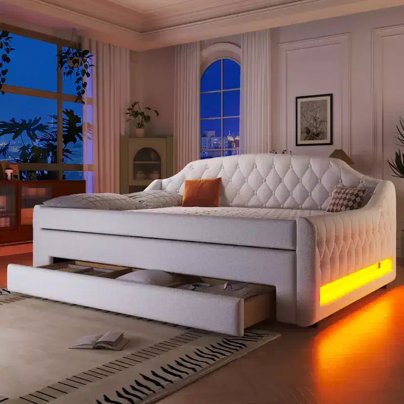 Padded Full Size Daybed Bed Upholstered Sofa Bed with Storage Drawers, Trundle Bed & LED Belt - ModernLuxe