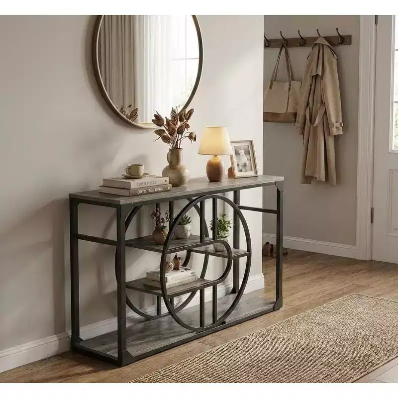 55 Entryway Table, 5-Tier Console Tables for Entryway, with o-Shaped Metal Frame & Storage Shelves, Industrial Sofa Tables for Living Room