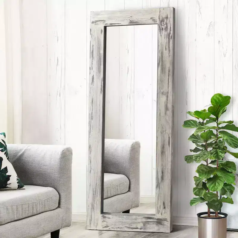 24 in. W x 58 in. H Farmhouse Rectangular Solid Wood Framed Full Length Leaning Mirror in Weathered White