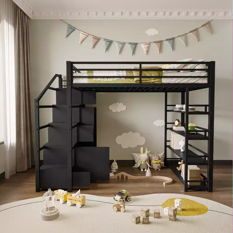 Queen Size Metal Loft Bed with Storage Shelves, Cabinets and Wardrobe