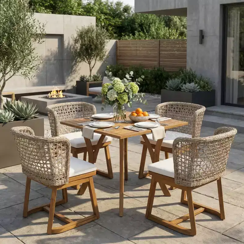 Christopher Knight Home Danio Modern 5 Piece Outdoor Acacia Wood Dining Set with Slatted Table and Wicker Back