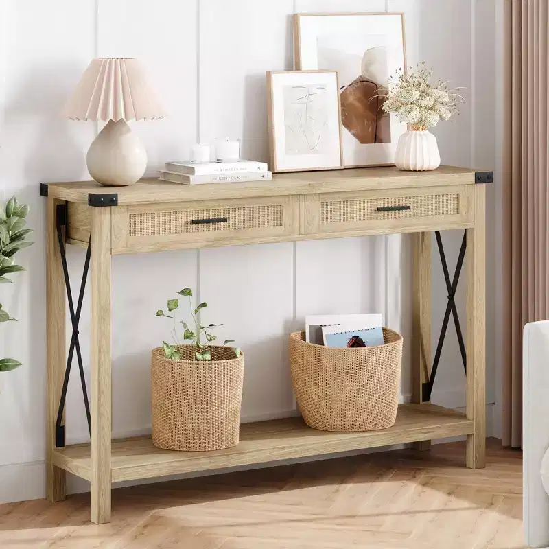 Rattan Console Table for Entryway - Boho Entryway Table with Storage and Drawers, Small Entry Tables, 43''