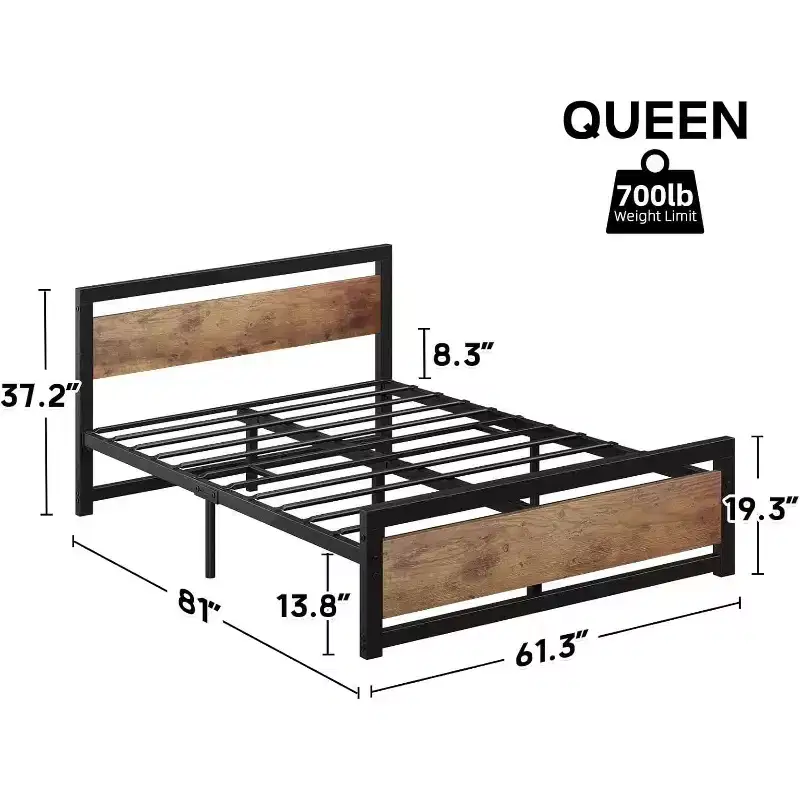 Bed Frame with Wooden Headboard, 14 Inch Heavy Duty Industrial Metal Platform Bed Frame with Under Bed Storage, No Box Spring Needed