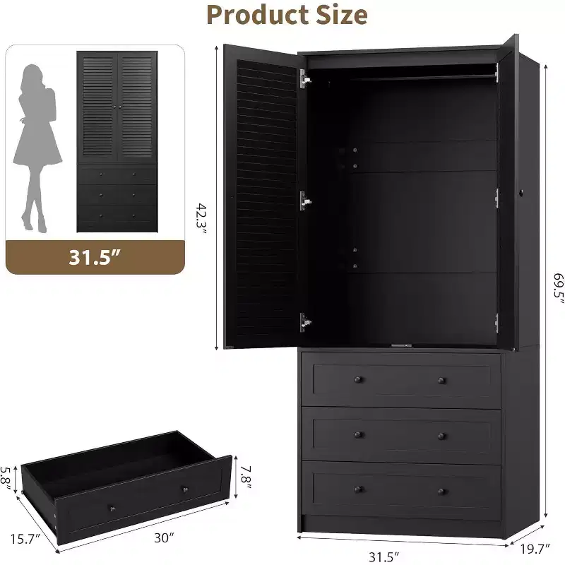 Shutter Door Wardrobe | Black PB + MDF + Melamine + Paper | For Bedroom, Guest Room