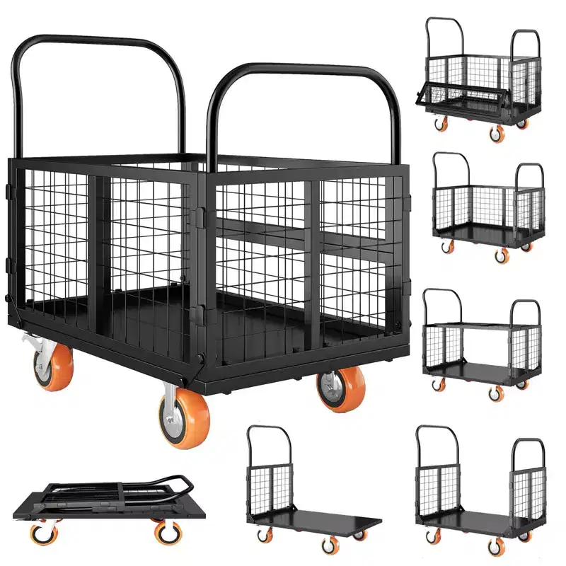 2000Lbs Platform Truck Cart with Cage,Heavy Duty Folding Hand Truck Cage Carts, Foldable Push Cart Dolly