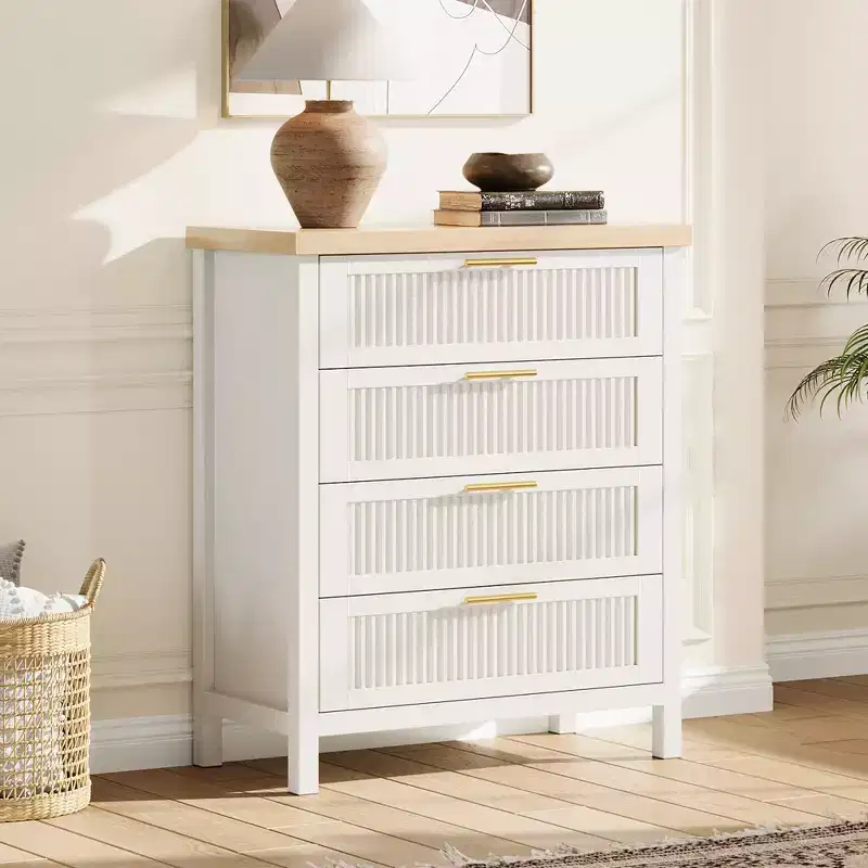Fluted Drawer Chest 4-Drawer Storage Cabinet Engineered Wood Organizer for Bedroom Living Room Hallway