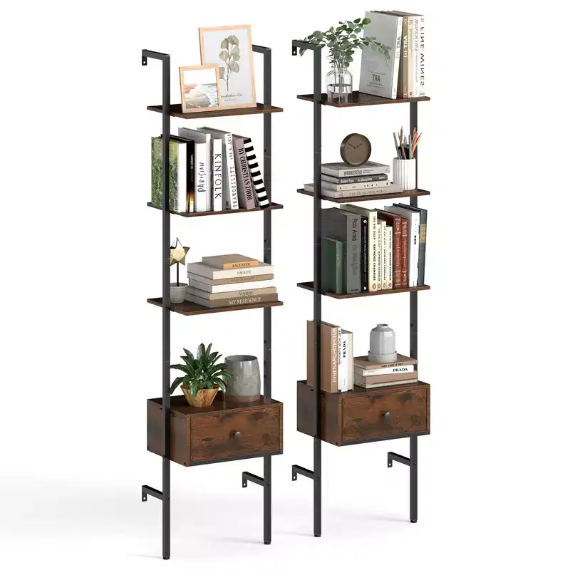 Costway 2 PCS 5-Tier Bookshelf w/ Drawer 70 Wall Mount Ladder Bookcase w/ Metal Frame