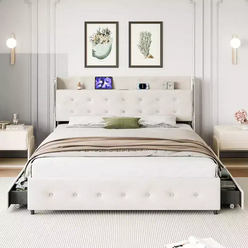 Whizmax Bed Frame, Upholstered Platform Bed Frame with Trundle and 4 Storage Drawers, Bed Frame with Diamond Tufted Headboard, No Box Spring Needed