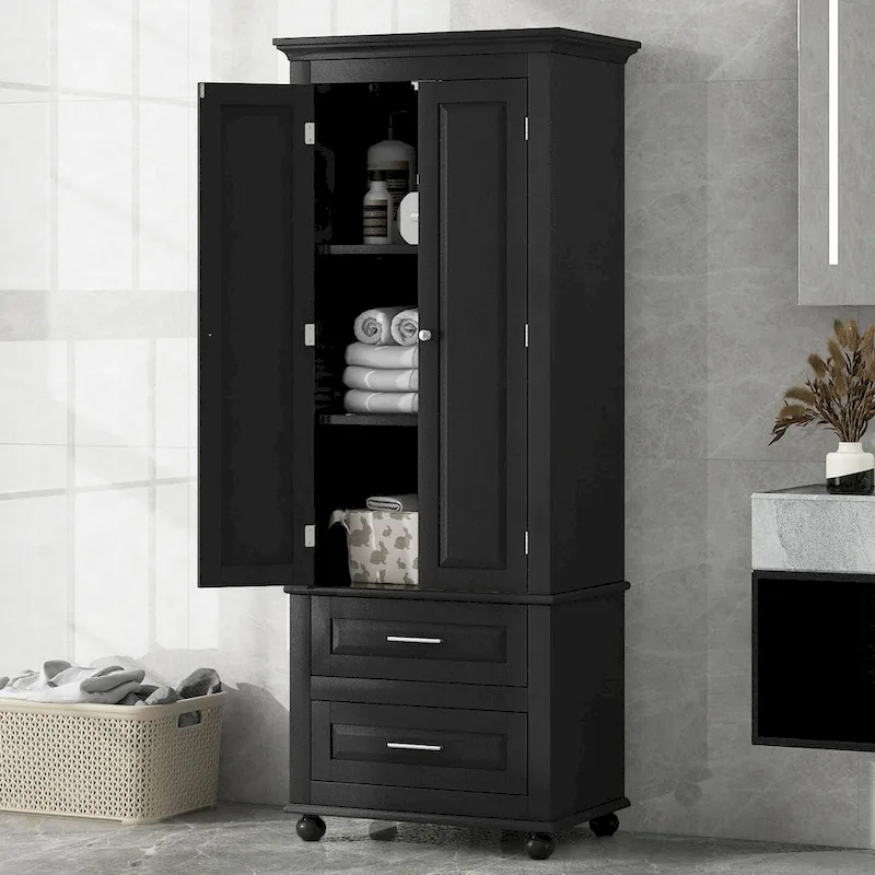 Tall Storage Cabinet with Two Drawers, Black