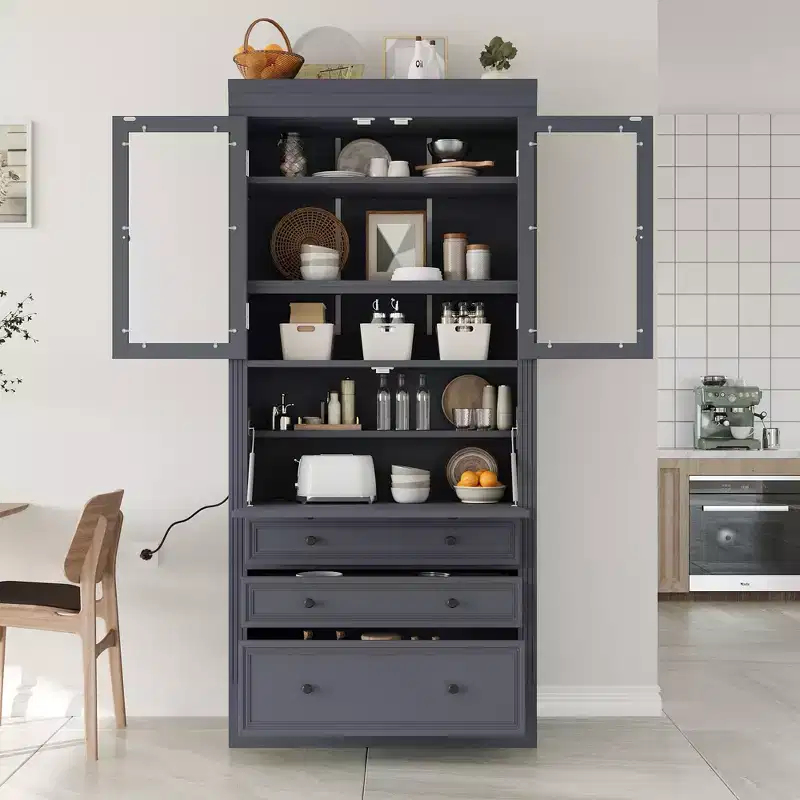 Tall Kitchen Pantry Cabinet with Power Outlets, Freestanding Cupboard with 3 Drawers and Adjustable Shelves for Dining Room