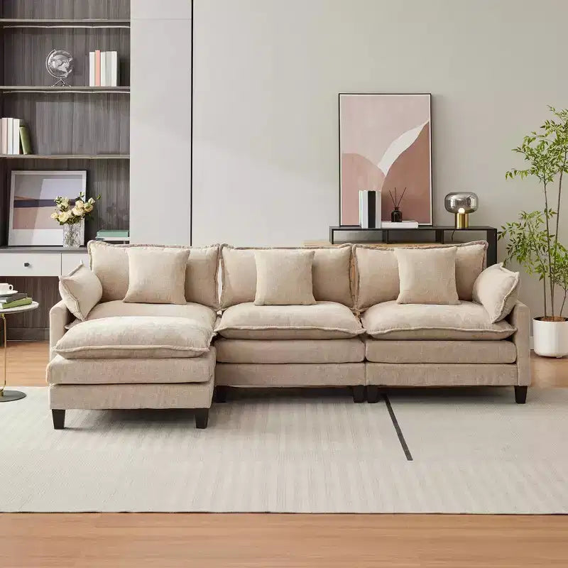 112.2 U-Shaped Sectional Cloud Couch, Modular Sectional Couches Sofa with Movable Ottoman, 3-Seater Chenille Deep Seat Cloud Sofa , Beige
