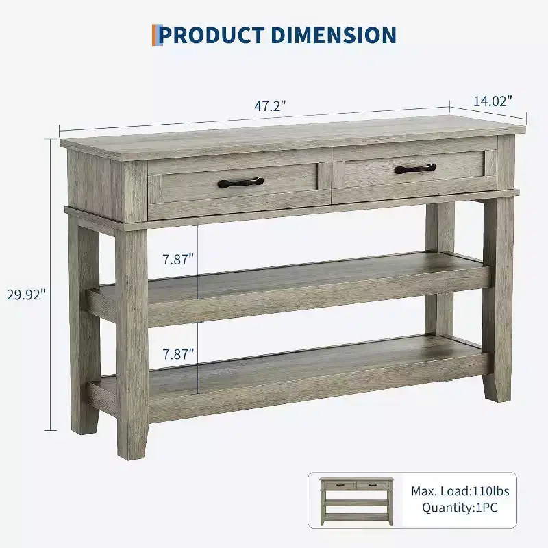 Farmhouse Style Console Table with 2 Drawers & 3 Shelves, Entryway Table with Storage, Grey Sofa Table for Living Room, Hallway, Entry