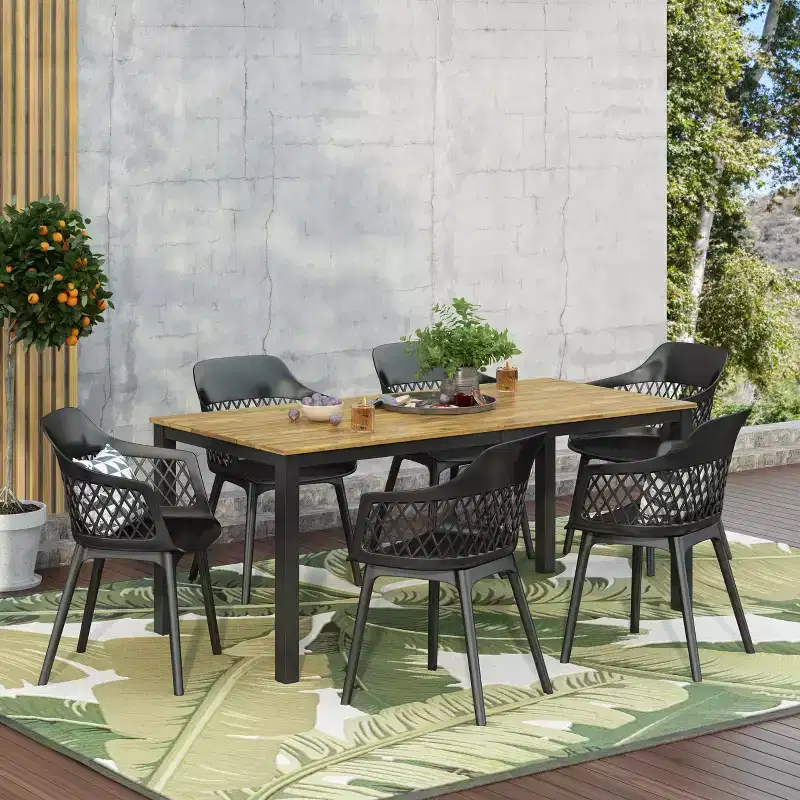 GDFStudio Miramar Outdoor 7 Piece Polypropylene Resin and Acacia Wood Dining Set with 70 Table, Black and Teak